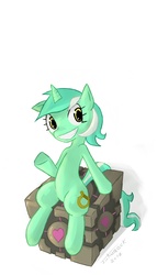 Size: 1000x1750 | Tagged: safe, artist:juanrock, lyra heartstrings, pony, g4, companion cube, crossover, female, portal (valve), sitting, solo