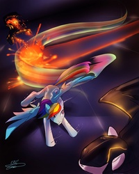 Size: 760x950 | Tagged: dead source, safe, artist:noben, rainbow dash, robot, g4, crossover, explosion, fight, trail, tron