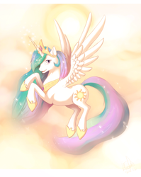 Size: 1006x1263 | Tagged: dead source, safe, artist:hioshiru, princess celestia, alicorn, pony, g4, crown, female, flying, hoof shoes, jewelry, looking at you, necklace, regalia, side view, solo, spread wings
