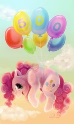 Size: 540x900 | Tagged: safe, artist:kaceymeg, pinkie pie, pony, g4, 500, balloon, female, milestone, solo, then watch her balloons lift her up to the sky