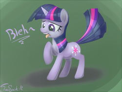 Size: 461x348 | Tagged: safe, artist:insomniacovrlrd, twilight sparkle, pony, unicorn, g4, bleh, female, mare, open mouth, raised hoof, signature, solo, tongue out, unicorn twilight