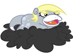 Size: 780x579 | Tagged: dead source, safe, artist:tess, derpy hooves, slowpoke (pokémon), g4, cloud, crossover, female, lying down, lying on a cloud, on a cloud, open mouth, pokefied, pokémon, prone, simple background, solo, species swap, transparent background