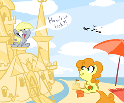 Size: 1200x1000 | Tagged: safe, artist:tess, carrot top, derpy hooves, golden harvest, earth pony, pegasus, pony, g4, beach, derpy being derpy, dialogue, female, mare, sandcastle, speech bubble