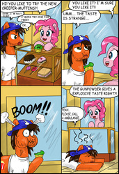 Size: 2248x3293 | Tagged: safe, artist:ciriliko, pinkie pie, oc, earth pony, pony, g4, comic, comic sans, creeper, female, food, high res, male, mare, muffin, stallion, this ended in explosions, this ended in pain