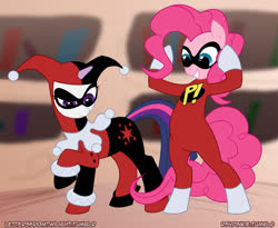 Size: 700x574 | Tagged: safe, artist:peachiekeenie, artist:tarajenkins, pinkie pie, twilight sparkle, g4, batman, clothes, cosplay, costume, dc comics, freakazoid, harley quinn, pinkazoid, twiley quinn