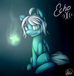 Size: 1254x1280 | Tagged: safe, artist:florecentmoo, artist:trelatyraelis, oc, oc only, oc:echo the wonderbolt, butterfly, pegasus, pony, glowing, pegasus oc, sitting, solo