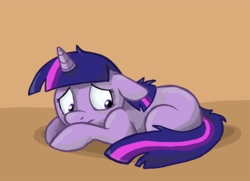 Size: 700x506 | Tagged: safe, artist:spainfischer, twilight sparkle, pony, unicorn, g4, blank flank, female, filly, filly twilight sparkle, prone, scared, solo, younger