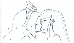 Size: 556x322 | Tagged: safe, artist:tarreth, princess celestia, twilight sparkle, human, g4, blushing, duo, female, humanized, kiss on the lips, kissing, lesbian, monochrome, ship:twilestia, shipping