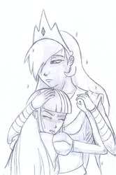 Size: 711x1069 | Tagged: safe, artist:tarreth, princess celestia, twilight sparkle, human, g4, crying, humanized, monochrome