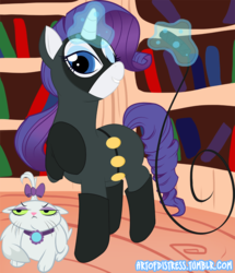 Size: 1000x1164 | Tagged: safe, artist:artofdistress, opalescence, rarity, cat, pony, unicorn, g4, batman, catmare, catwoman, duo, golden oaks library, one eye closed, whip, wink