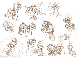 Size: 1000x750 | Tagged: safe, artist:kp-shadowsquirrel, angel bunny, apple bloom, fluttershy, rainbow dash, rarity, spike, twilight sparkle, g4, monochrome, punching bag, sketch, sketch dump, tired