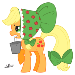 Size: 8400x8400 | Tagged: safe, artist:twiddlechimp, applejack, earth pony, pony, g4, absurd resolution, bonnet, bucket, female, hair bow, mare, mouth hold, ribbon, simple background, solo, tail bow, transparent background