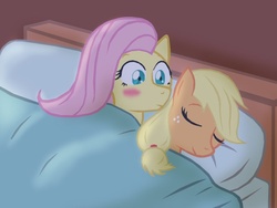 Size: 576x432 | Tagged: artist needed, safe, artist:toukm, applejack, fluttershy, earth pony, pegasus, pony, g4, bed, blushing, female, lesbian, missing accessory, ship:appleshy, shipping, sleeping