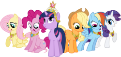 Size: 4000x1876 | Tagged: safe, artist:ryoki-fureaokibi, applejack, fluttershy, pinkie pie, rainbow dash, rarity, twilight sparkle, earth pony, pegasus, pony, unicorn, friendship is magic, g4, element of generosity, element of honesty, element of kindness, element of laughter, element of loyalty, element of magic, elements of harmony, female, mane six, mare, raised hoof, simple background, transparent background, unicorn twilight