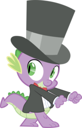 Size: 3000x4679 | Tagged: safe, artist:m99moron, spike, dragon, g4, bowtie, clothes, dancing, hat, male, ruffled shirt, simple background, solo, suit, top hat, transparent background, tuxedo