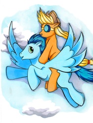 Size: 624x830 | Tagged: safe, artist:cbs, applejack, soarin', fanfic:it's always sunny in fillydelphia, g4, fanfic, female, flying, male, ponies riding ponies, riding, ship:soarinjack, shipping, straight