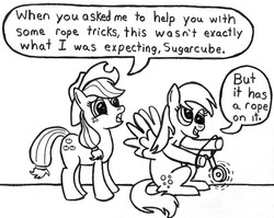 Size: 639x508 | Tagged: safe, artist:samueleallen, applejack, derpy hooves, pegasus, pony, g4, female, mare, monochrome, yo-yo