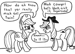 Size: 714x510 | Tagged: safe, artist:samueleallen, applejack, g4, black hat, black hat (villainous), bonanza, cowboy hat, evil applejack, evil counterpart, evil twin, hat, hilarious in hindsight, monochrome, obviously evil, self ponidox, twin