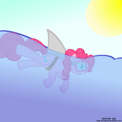 Size: 1000x1000 | Tagged: safe, artist:invidlord, pinkie pie, earth pony, pony, shark, g4, dorsal fin, female, mare, ocean, sky, solo, sun, underwater, water