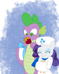 Size: 1191x1495 | Tagged: safe, artist:carnifex, artist:uguardian, rarity, spike, g4, apple, caramel apple (food), female, hat, interspecies, male, muff, older, ship:sparity, shipping, straight