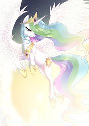 Size: 1950x2755 | Tagged: safe, artist:tamponandtwilaloop, princess celestia, alicorn, pony, g4, beautiful, female, flying, mare, solo, spread wings, wings