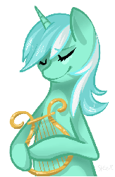 Size: 447x682 | Tagged: safe, artist:steeve, lyra heartstrings, pony, unicorn, g4, animated, dexterous hooves, eyes closed, female, lyre, mare, music, music notes, musical instrument, playing, simple background, smiling, solo, strumming, white background