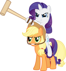 Size: 2972x3197 | Tagged: safe, artist:crunchnugget, applejack, rarity, earth pony, pony, unicorn, g4, bridle, duo, duo female, female, high res, horn, mare, polo, ponies riding ponies, rarity riding applejack, riding, simple background