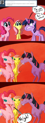 Size: 770x2100 | Tagged: safe, artist:tess, fluttershy, pinkie pie, twilight sparkle, g4, ask, comic, hoers