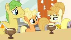 Size: 1280x719 | Tagged: safe, screencap, applejack, aunt orange, uncle orange, earth pony, pony, g4, cute, female, filly, lidded eyes, male, mare, nose wrinkle, scrunchy face, smiling, stallion, wide eyes