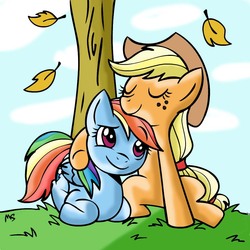 Size: 945x945 | Tagged: safe, artist:mast88, artist:megasweet, applejack, rainbow dash, g4, colored, female, hug, leaves, lesbian, ship:appledash, shipping, tree