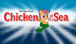 Size: 600x350 | Tagged: safe, artist:therecliner27, scootaloo, mermaid, sea pony, g4, chicken of the sea, hilarious in hindsight, scootachicken, seaponified, solo, species swap, tuna, tunaloo