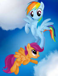 Size: 612x792 | Tagged: safe, artist:pklove-chan, rainbow dash, scootaloo, pony, g4, cloud, cloudy, duo, flying, scootaloo can fly
