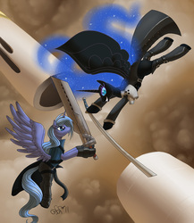 Size: 1178x1357 | Tagged: safe, artist:alipes, nightmare moon, princess luna, alicorn, pony, g4, cloud strife, crossover, duo, female, fight, final fantasy, final fantasy vii, hilarious in hindsight, mare, s1 luna, sephiroth, sword, weapon