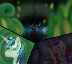 Size: 1680x1500 | Tagged: safe, artist:nostalgiagamerjs, princess cadance, queen chrysalis, shining armor, alicorn, changeling, changeling queen, pony, unicorn, g4, female, male, stallion