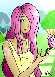 Size: 1000x1412 | Tagged: safe, artist:emberfan11, fluttershy, human, g4, clothes, humanized, solo, tank top