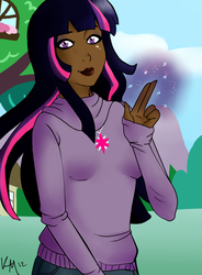 Size: 900x1220 | Tagged: safe, artist:emberfan11, twilight sparkle, human, g4, dark skin, humanized, solo