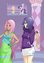 Size: 700x996 | Tagged: safe, artist:emberfan11, fluttershy, rarity, human, g4, angry, clothes, dress, duo, glasses, humanized, measuring tape, rarity's glasses, scene interpretation, screencap reference, skirt