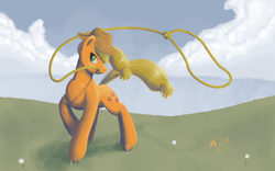 Size: 2400x1500 | Tagged: safe, artist:sagebrushpony, applejack, earth pony, pony, g4, female, lasso, mouth hold, solo