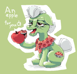 Size: 590x568 | Tagged: safe, artist:usappy-barkhaward, granny smith, earth pony, pony, g4, apple, female, floppy ears, food, mare, solo