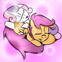 Size: 1000x1000 | Tagged: safe, artist:kryptchild, scootaloo, sweetie belle, pony, g4, duo, sleeping