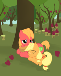 Size: 1590x1998 | Tagged: safe, artist:ouran-nekozawa, applejack, big macintosh, earth pony, pony, g4, male, prone, stallion, tree