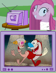 Size: 580x750 | Tagged: safe, pinkie pie, cat, dog, earth pony, pony, g4, crossover, exploitable meme, happy happy joy joy, meme, pinkamena diane pie, ren and stimpy, tv meme