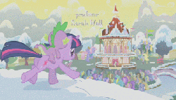 Size: 400x228 | Tagged: safe, screencap, amethyst star, derpy hooves, doctor whooves, lemon hearts, linky, lyra heartstrings, mayor mare, minuette, rainbowshine, shoeshine, sparkler, spike, time turner, twilight sparkle, dragon, pegasus, pony, unicorn, g4, season 1, winter wrap up, animated, butt, dragons riding ponies, duo focus, female, male, mare, plot, riding, run cycle, running, spike riding twilight, unicorn twilight