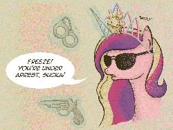 Size: 2154x1628 | Tagged: safe, artist:iraincloud, princess cadance, pony, g4, animated, ask, female, gun, police officer, solo, sunglasses