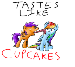 Size: 476x424 | Tagged: safe, artist:supersheep64, rainbow dash, scootaloo, pegasus, pony, fanfic:cupcakes, g4, duo, female, licking, mare, simple background, tongue out