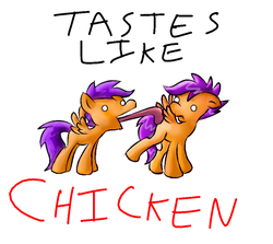 Size: 476x424 | Tagged: safe, artist:supersheep64, scootaloo, pony, g4, duality, licking, scootachicken, self ponidox, simple background, tastes like chicken, tongue out