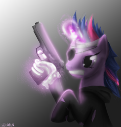 Size: 2965x3131 | Tagged: dead source, safe, artist:cosmicradish, twilight sparkle, pony, unicorn, g4, female, future twilight, gradient background, gritted teeth, gun, hand, high res, magic, magic hands, mare, metal gear, solid sparkle, solo