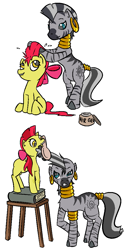 Size: 539x1075 | Tagged: artist needed, safe, apple bloom, zecora, earth pony, pony, zebra, g4, alternate hairstyle, apple bloom's bow, book, bow, brush, female, filly, hair bow, hair gel, hairbrush, mane, mare, mohawk, stool