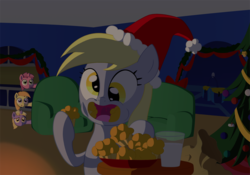 Size: 800x560 | Tagged: safe, artist:therecliner27, derpy hooves, dinky hooves, noi, ruby pinch, pegasus, pony, g4, christmas, eating, female, mare, milk, muffin, santa claus