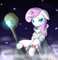 Size: 4791x5000 | Tagged: safe, artist:larkdraws, twinkleshine, pony, g4, absurd resolution, crossover, female, final fantasy, sad, solo, staff, white mage